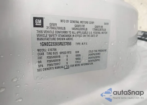 2009 Chevrolet Tahoe Lt1 from USA, damaged, VIN 1GNEC233X9R227856